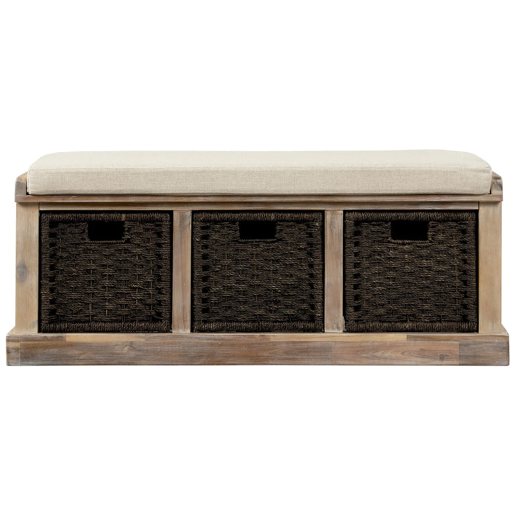 Entryway Storage Bench with 3 Woven Baskets and Removable Cushion, Entry Hallway Foyer Shoe Bench End of Bed Bench, Fully Assembled, 41.3" L x 15.7" W x 17" H (White Washed)