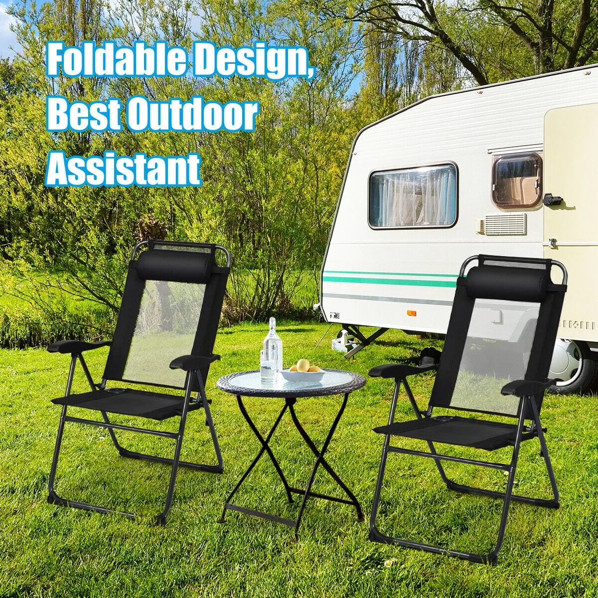 Gymax 2PC Folding Chairs Adjustable Reclining Chairs with Headrest Patio Garden Black