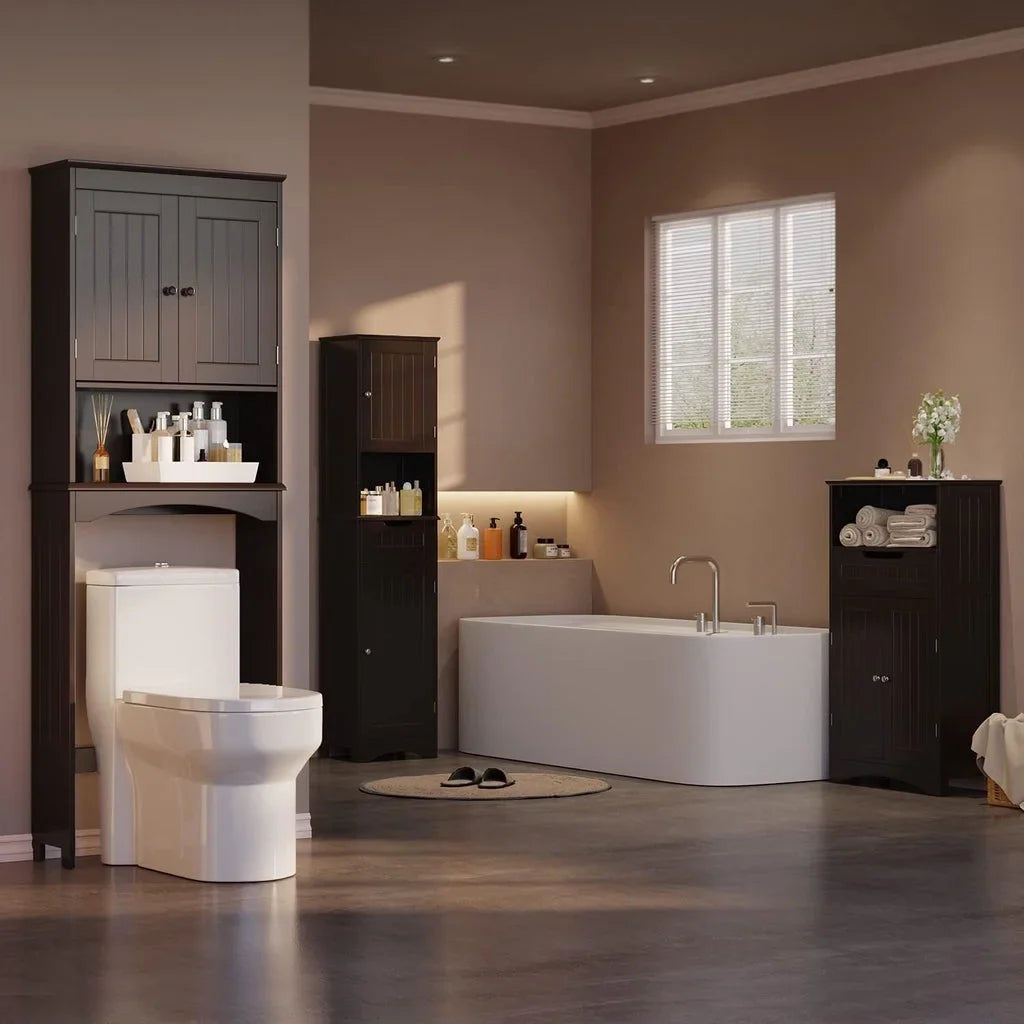 Aiho 66.1" over the Toilet Storage Cabinet with Adjustable Shelf and Open Storage Shelf, Freestanding - White
