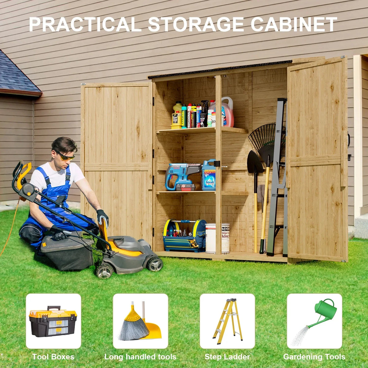 Outdoor Storage shed, Lofka Wooden Outdoor Storage Cabinet, with 2 Lockable Doors and Handles, 5.3ft x4.6ft, Natural