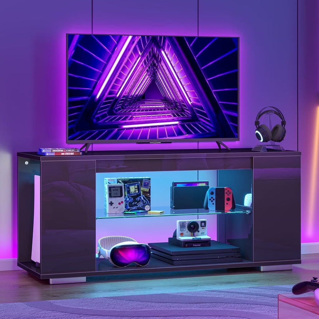 Pinmoco 47'' TV Stand for TVs up to 55", Gaming Entertainment Center with LED Lights, Black