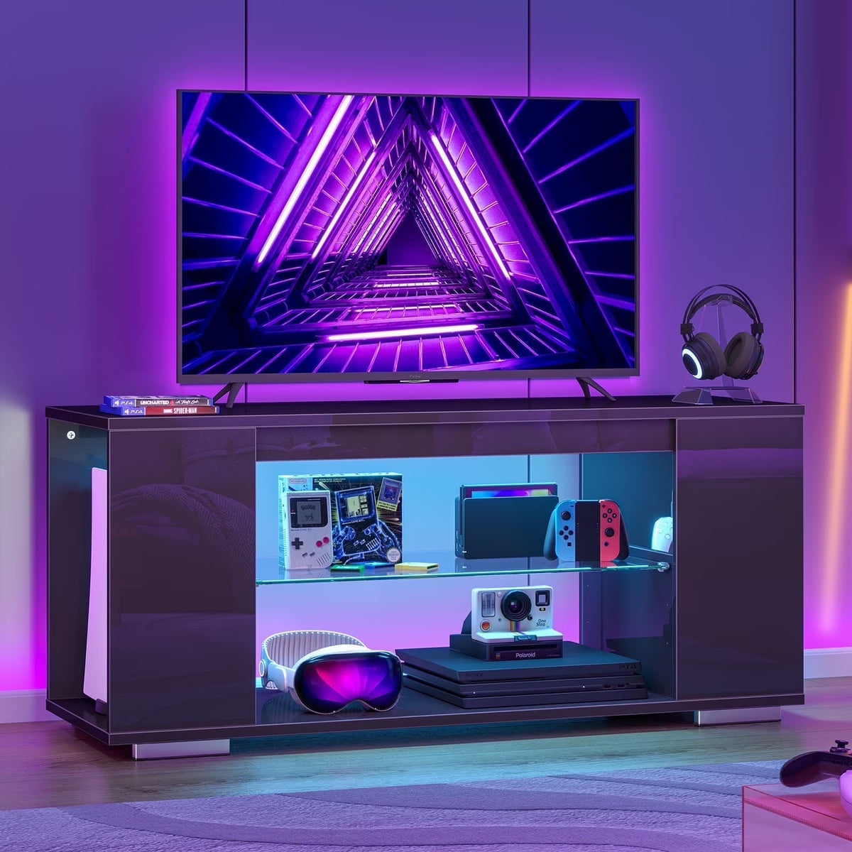 Pinmoco 47'' TV Stand for TVs up to 55", Gaming Entertainment Center with LED Lights, Black