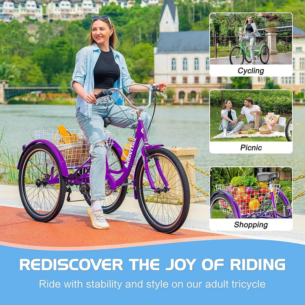 MOONCOOL Adult Tricycles with Rear Basket & Inflator, 24 26 inch 7 Speed 3 Wheel Bikes, Three-Wheeled Bicycles Adult Trike with Backrest for Seniors, Women, Men