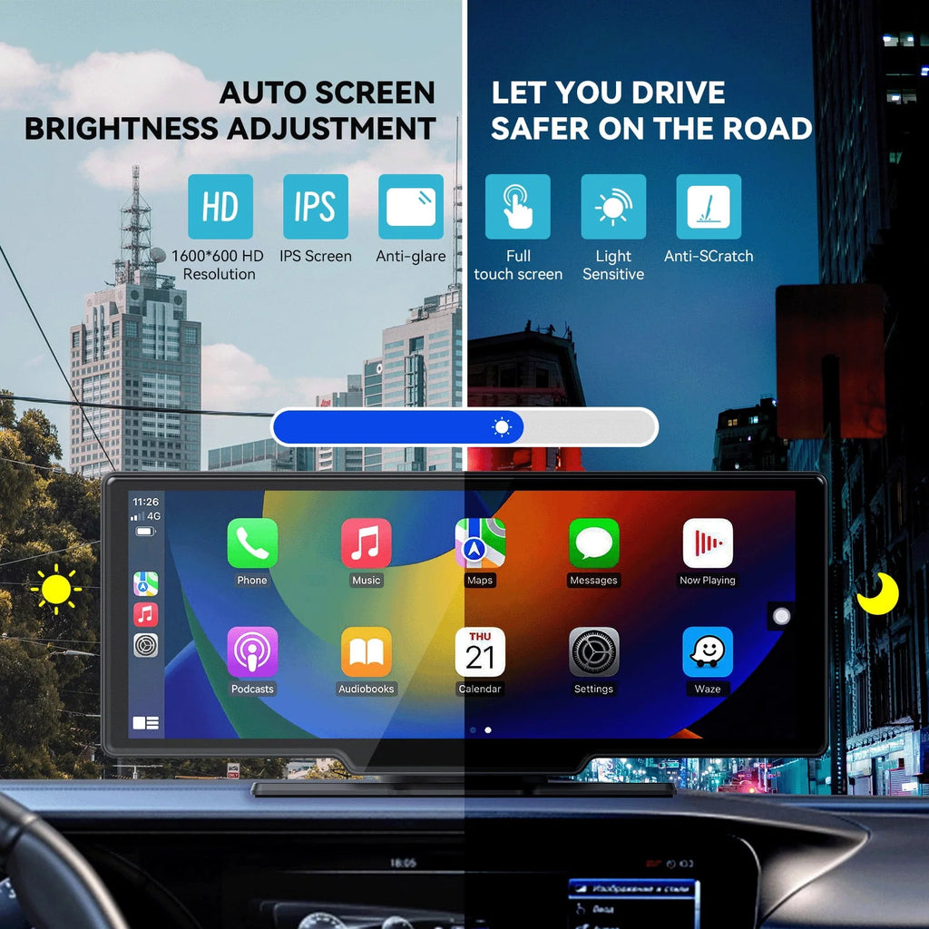 10.26" Wireless Apple Carplay Screen with Android Auto, 4K Dash Cam, Backup Camera, Bluetooth, GPS, Voice Control