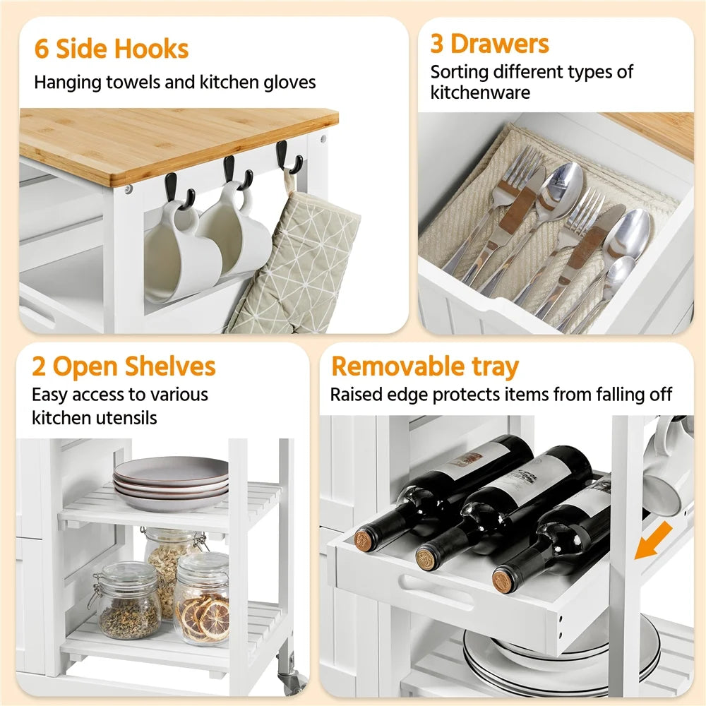 Alden Design 33" H Kitchen Storage Serving Cart for Kitchen Dining Room Bar, White