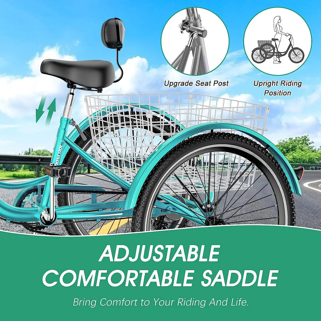 MOONCOOL Adult Tricycles with Rear Basket & Inflator, 24 26 inch 7 Speed 3 Wheel Bikes, Three-Wheeled Bicycles Adult Trike with Backrest for Seniors, Women, Men