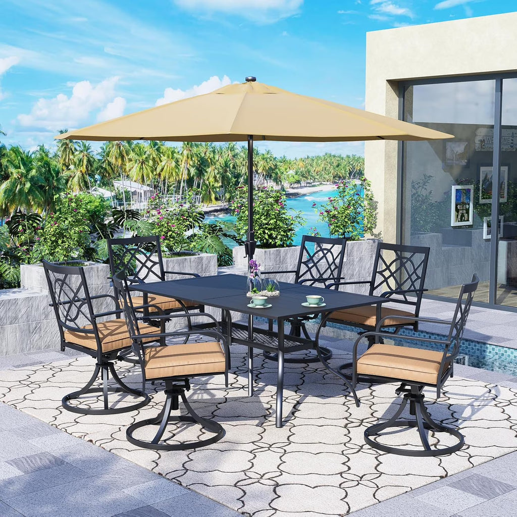 SUNCROWN 5-Piece Outdoor Wrought Iron Chairs and Table Patio Dining Furniture Set - 4 Stackable Metal Chairs, 1 Steel Slat Bistro Table and 1 Sky Blue 9Ft Patio Umbrella for Garden Backyard Deck