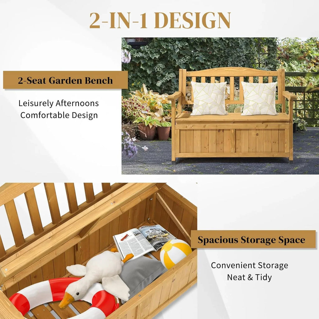 Outvita Outdoor Wood Storage Bench, Wooden Large Deck Box with Seating & Armrest, Waterproof Patio Organizer Loveseat for Garden Porch Deck Backyard Poolside, Natural