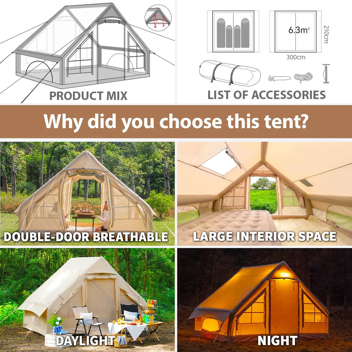 Inflatable Camping Tents 4/6/8/10 Person,129 Square Feets Large Blow up Tent with Stove Jack