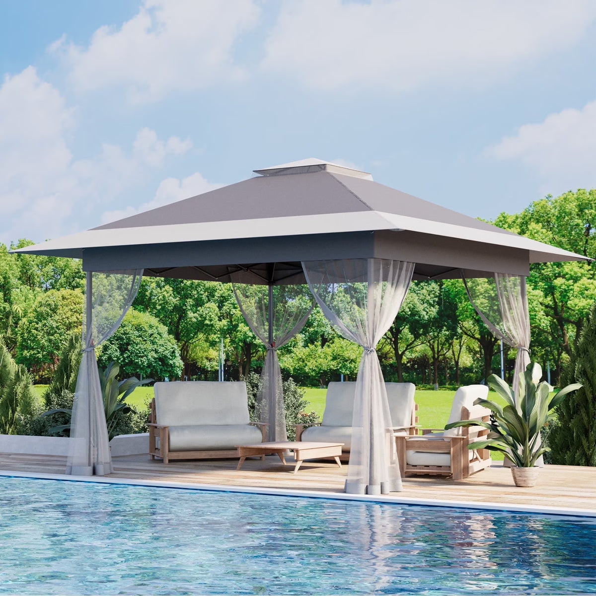 Bezseller 11x11 Pop up Gazebo, Outdoor Waterproof Canopy Tent with Mosquito Netting for Outdoors, Khaki