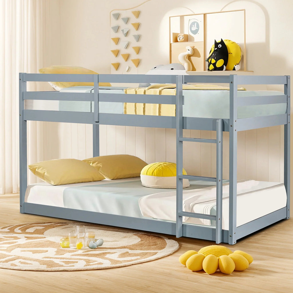 Twin Over Twin Floor Bunk Bed, UHOMEPRO Solid Wood Low Bunk Bed with Safety Rail, Ladder, Heavy Duty Bunk Beds, Space-Saving Bedroom Dorm Furniture, Gray