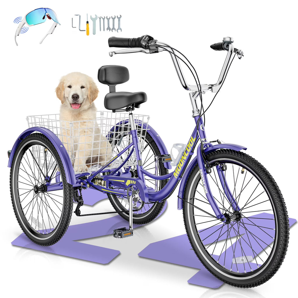 MOONCOOL Adult Tricycles with Rear Basket & Inflator, 24 26 inch 7 Speed 3 Wheel Bikes, Three-Wheeled Bicycles Adult Trike with Backrest for Seniors, Women, Men