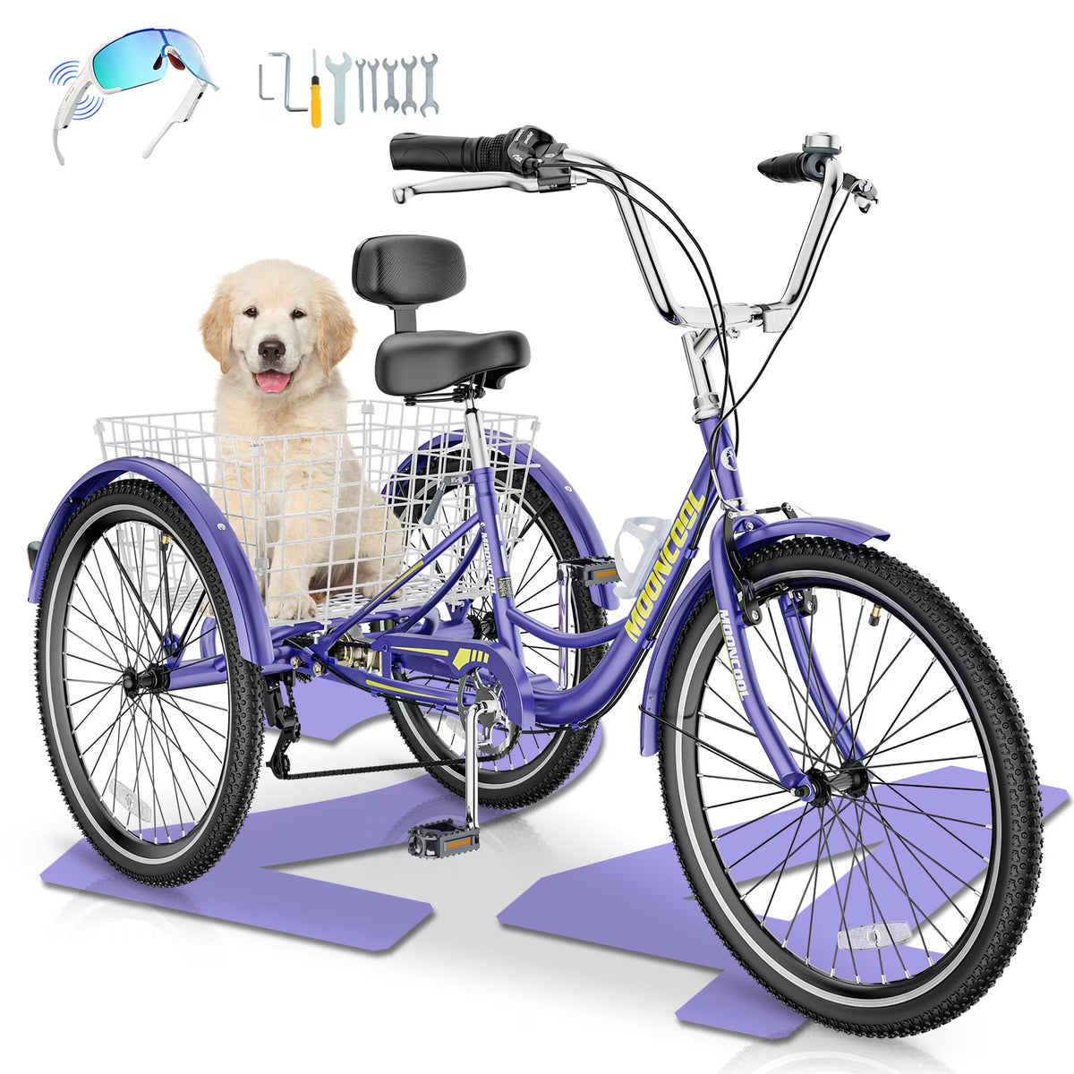 MOONCOOL Adult Tricycles with Rear Basket & Inflator, 24 26 inch 7 Speed 3 Wheel Bikes, Three-Wheeled Bicycles Adult Trike with Backrest for Seniors, Women, Men
