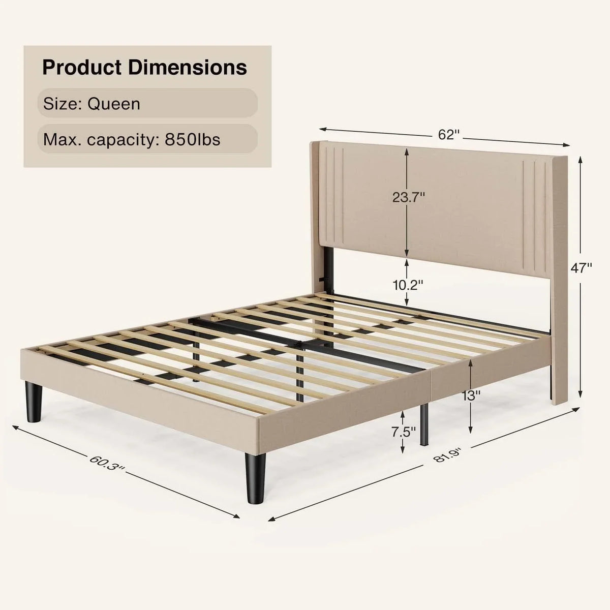 Lofka Queen Bed Frame with Headboard, Upholstered Platform Bed with Headboard, No Box Spring Needed/Easy Assembly, Beige