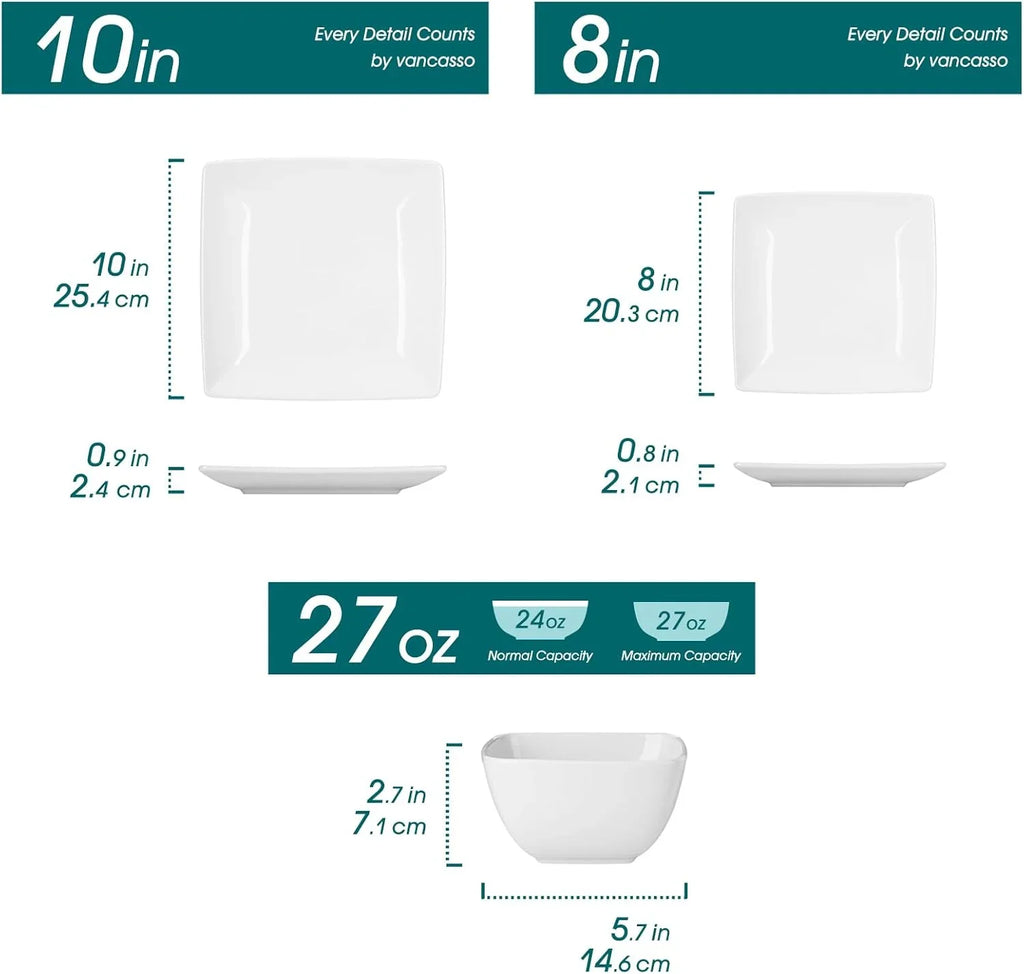 Dinnerware Sets 12 Pieces, Stoneware Square Place Setting, Dinner Plate, Dessert Plate, Bowls Service for 4