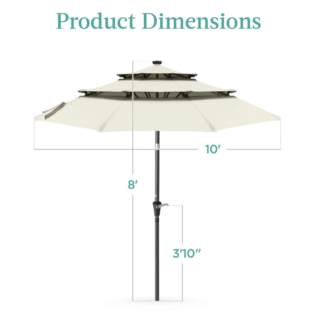Best Choice Products 10ft 3-Tier Solar Patio Umbrella w/ 24 LED Lights, Tilt Adjustment, Easy Crank - Tan