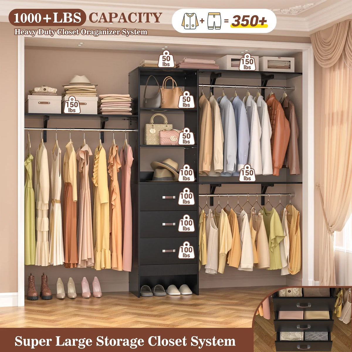 Homieasy 96 Inches Closet System, 8FT Walk In Closet Organizer with 3 Shelving Towers, Heavy Duty Clothes Rack with 3 Drawers, Built-In Garment Rack, 96" L x 16" W x 75" H, White