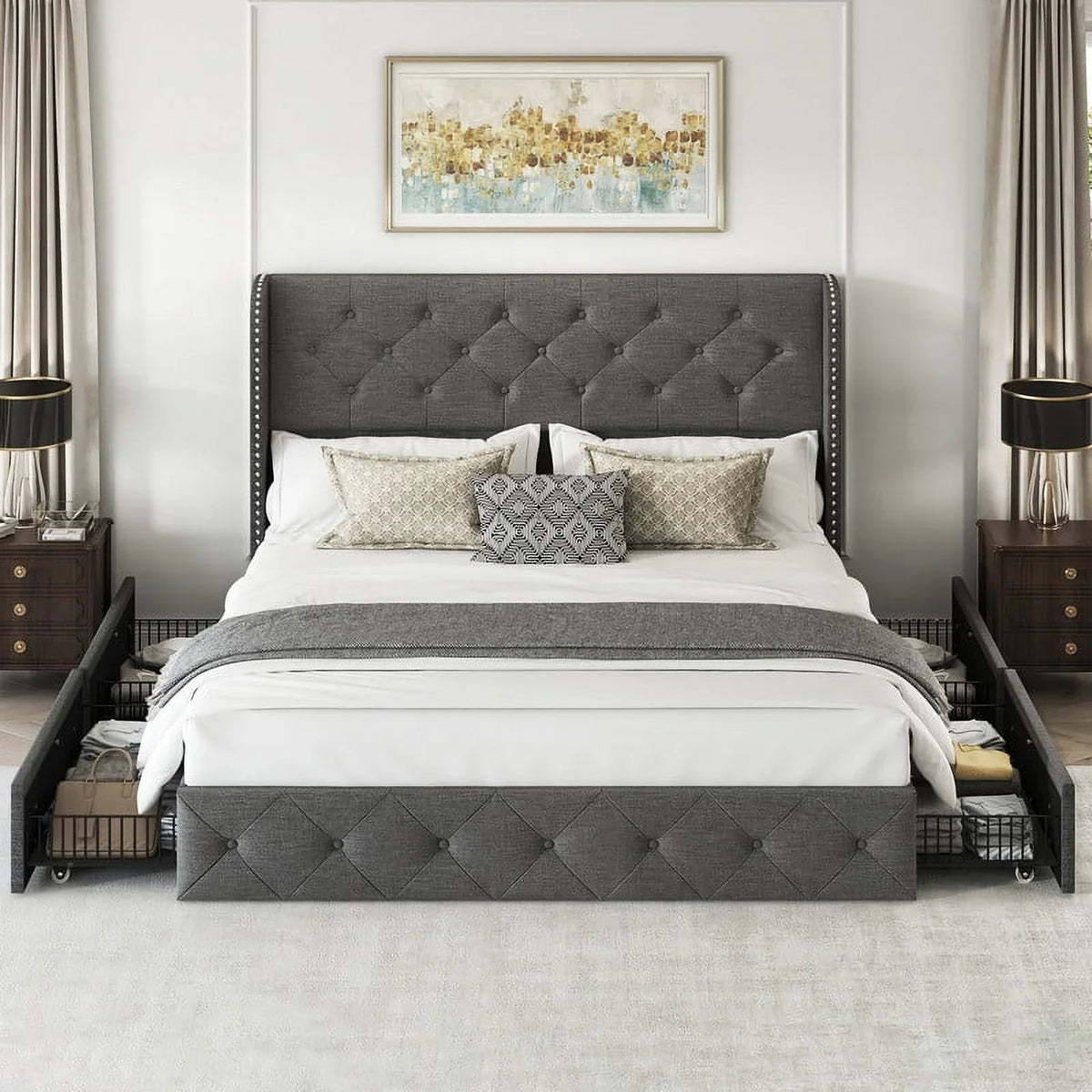 LARMACE Queen Size Platform Bed Frame with 4 Storage Drawers and Tufted Headboard Linen Upholstered Bed Wingback Bed Frame with Wooden Slats Support, Easy Assembly, Light Grey