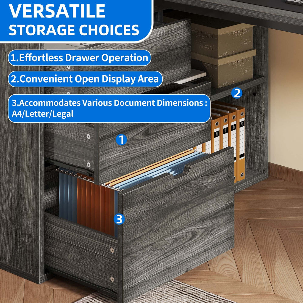Dextrus L Shaped Desk with Power Outlets & LED Lights, Computer Desk with 3 Drawers and 3 Storage Shelves, White Office Desk Corner Desk for Home Office