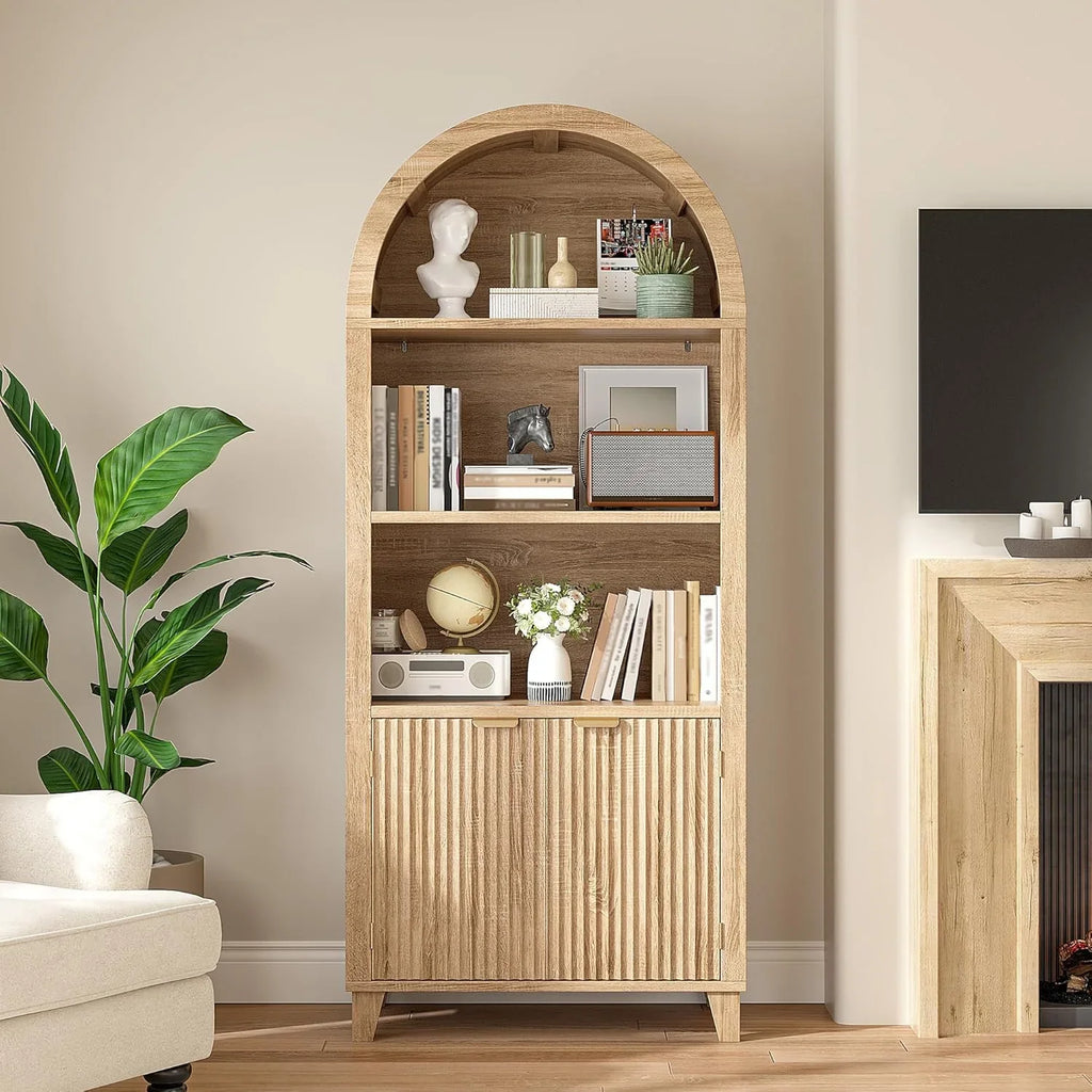 Bookshelf Arched Cabinet,5-Tier Arched Bookcase with Doors and Adjustable Shelves,Wooden Storage Cabinet with Open Display Shelf for Office,Living Room"Light Oak