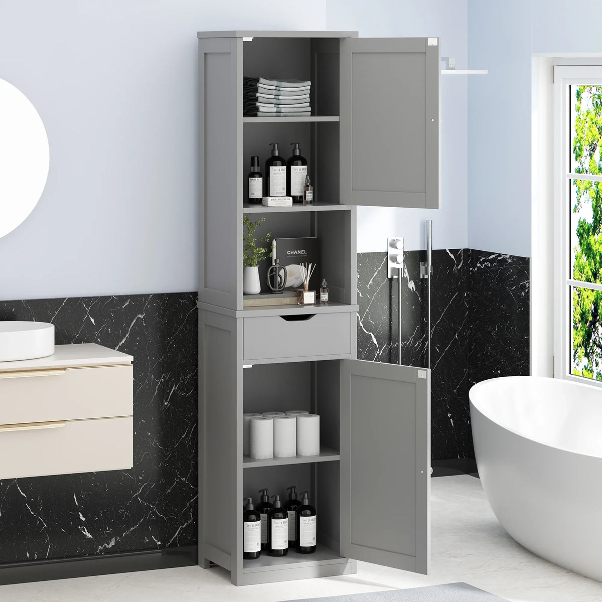 Walsunny Bathroom Storage Cabinet 64" Tall Wooden Kitchen Cupboard Pantry Cabinet with Doors Shelves Drawer Black