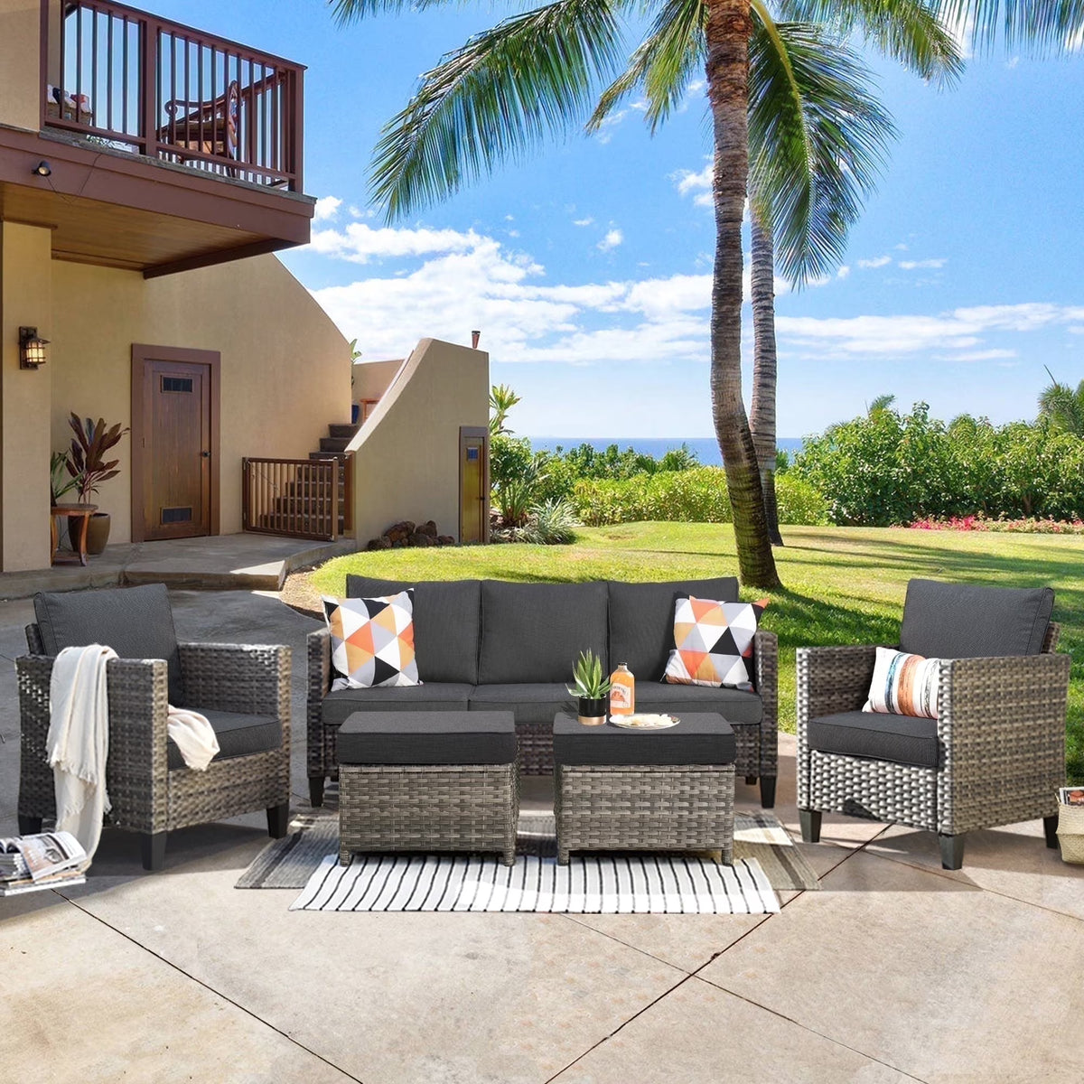 Ovios 5 Pieces Outdoor Patio Furniture Set Wicker Rattan Outdoor Conversation Comfortable Sectional Sofa with Steel Frame, Grey