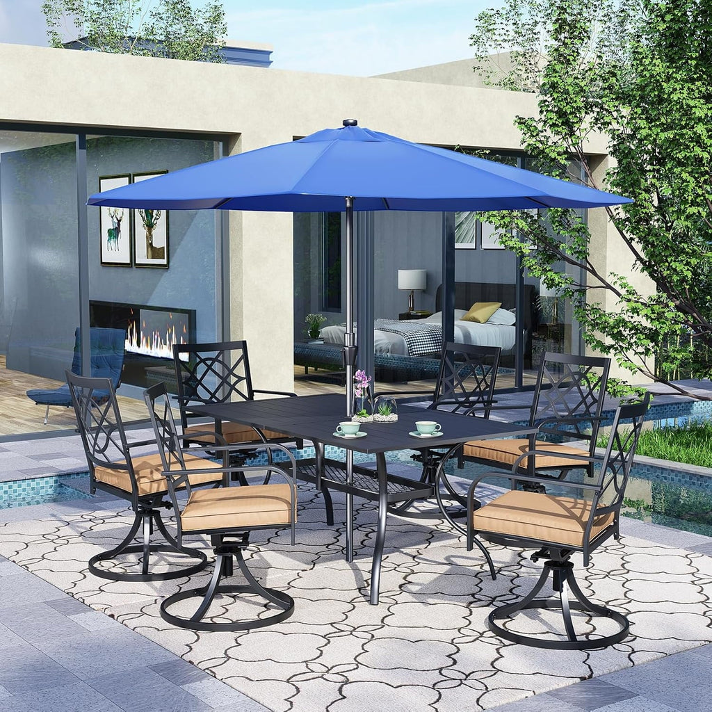 SUNCROWN 5-Piece Outdoor Wrought Iron Chairs and Table Patio Dining Furniture Set - 4 Stackable Metal Chairs, 1 Steel Slat Bistro Table and 1 Sky Blue 9Ft Patio Umbrella for Garden Backyard Deck