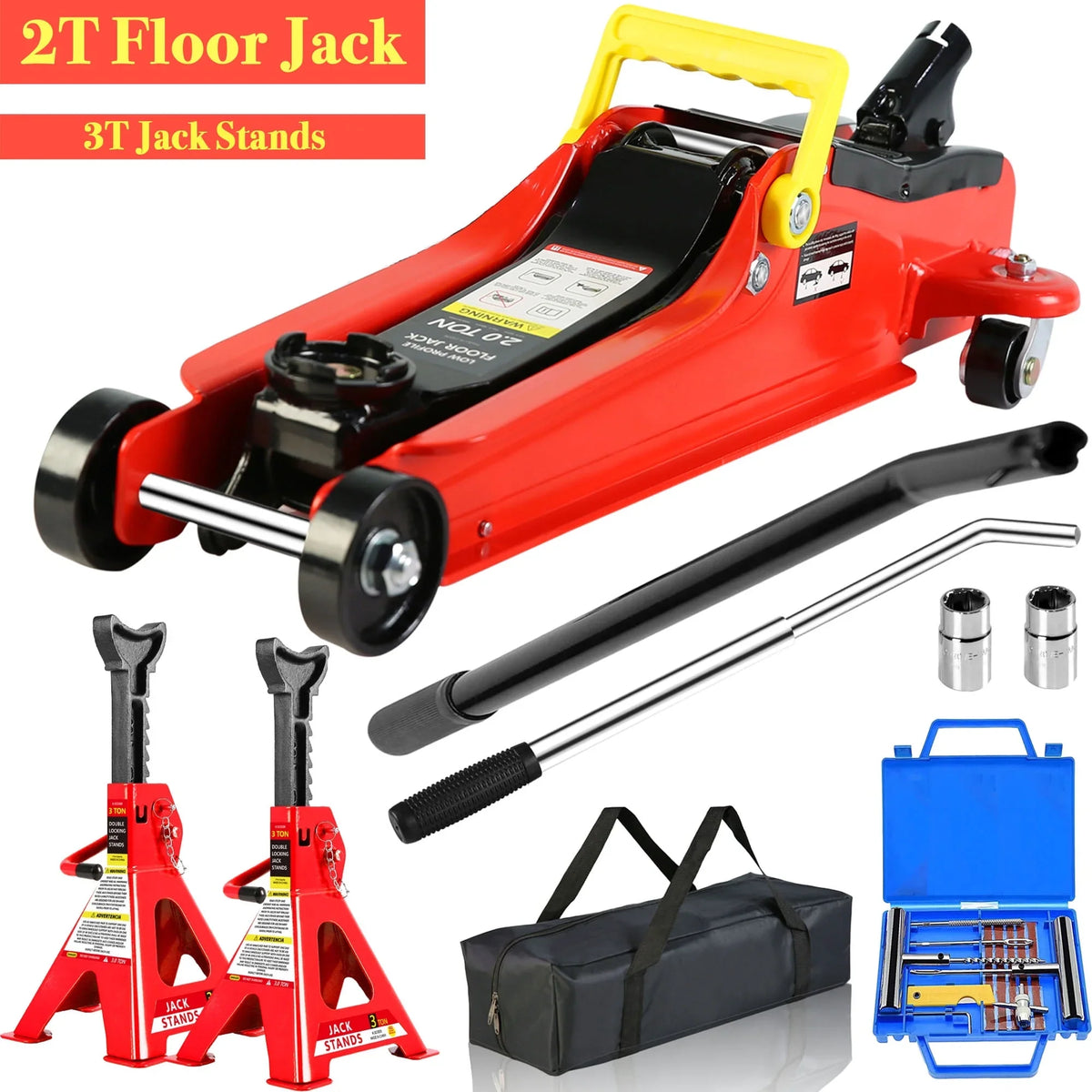 POVANLI Floor Jack, 2 Ton Low Profile Floor Jack, 3t jack stand Tire Repair Kit Heavy Duty Steel Racing Floor Jack with Single Piston Quick Lift Pump, Floor Jack Lifting Range 3.3"-15.2"