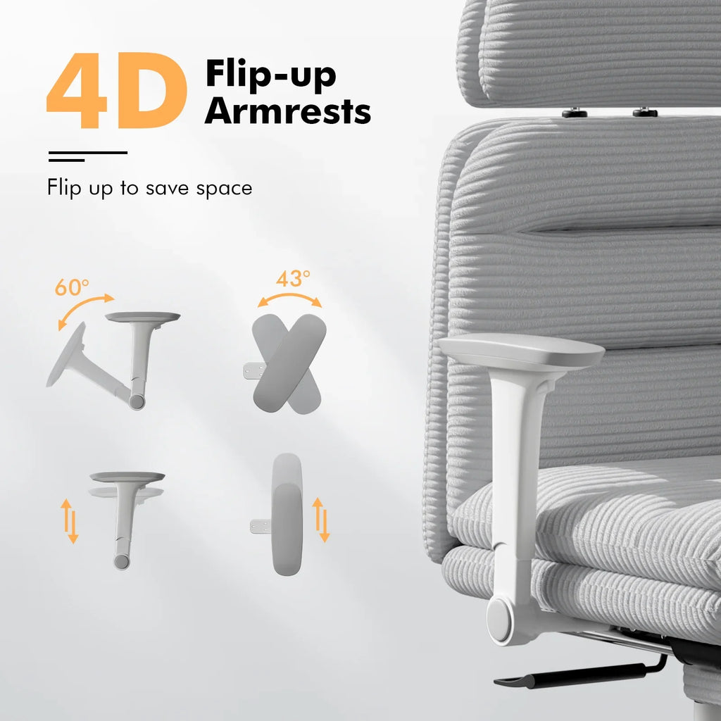 Solfway Criss Cross Chair with Wheels & Flip-up Arms, Executive Office Chair with Foot Rest, Swivel Cross Legged Office Chair, White Corduroy Fabric Comfy Computer Desk Chair, Vanity Chair for Home