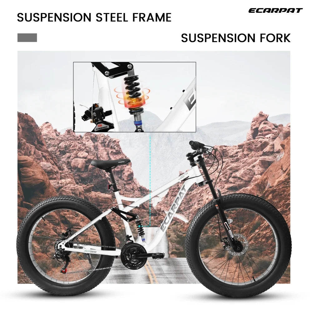 26 inch Mountain Bike for Men, 26*4" Fat Tire Mountain Bicycles,Full-Suspension 21-Speed Drivetrain with Disc Brakes
