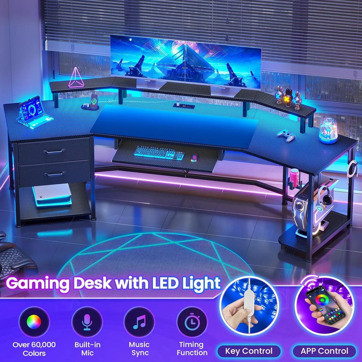 79" Gaming Desk with LED Lights and Power Outlets, U Shaped Desk with Monitor Stand and Drawers, Gaming Table with Keyboard Tray, Cup Holder and CPU Stand for Bedroom, Carbon Fiber Black
