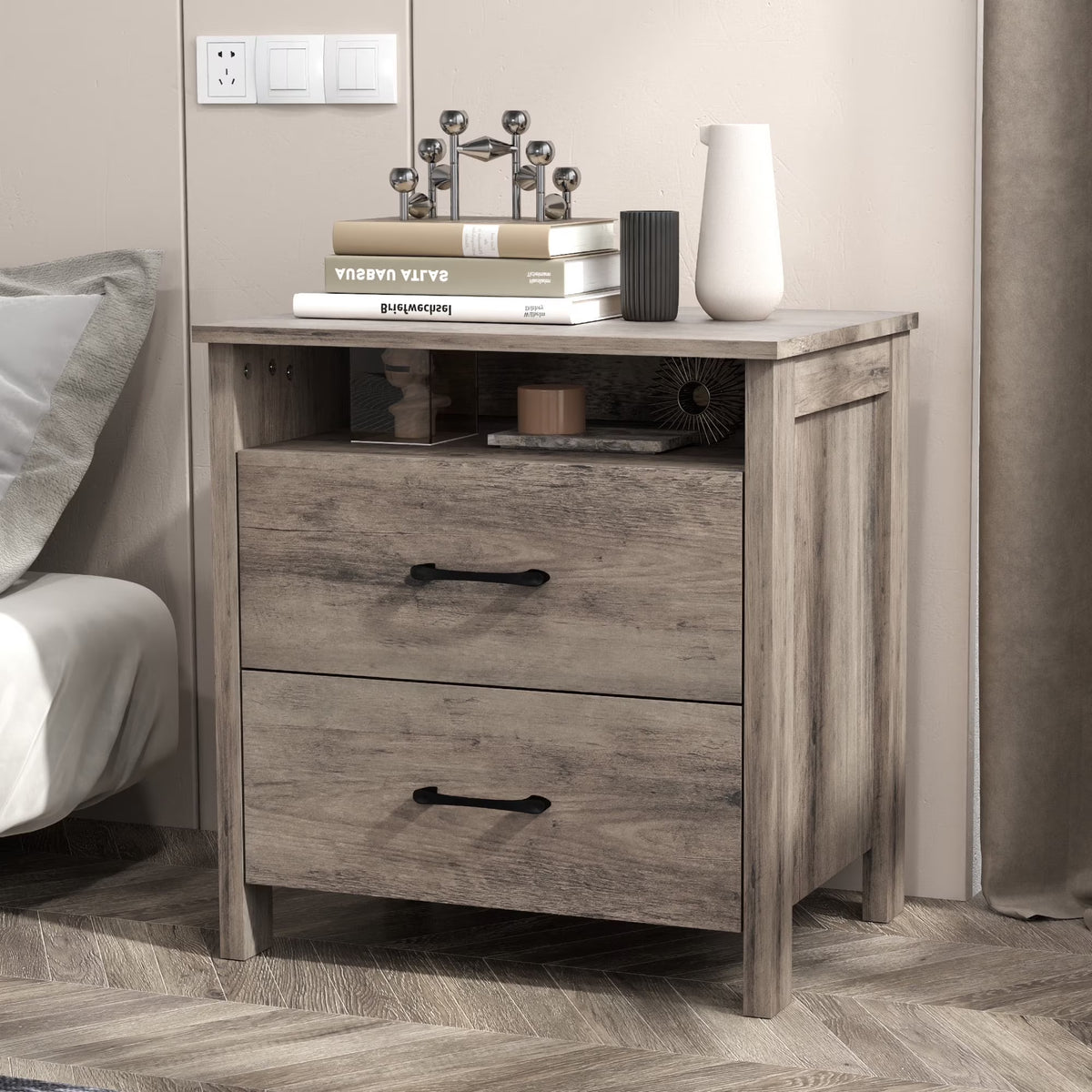 Farmhouse Nightstand with 2 Drawers, Rustic Grey Bedside Table with Open Shelf, Wooden Side End Table for Bedroom