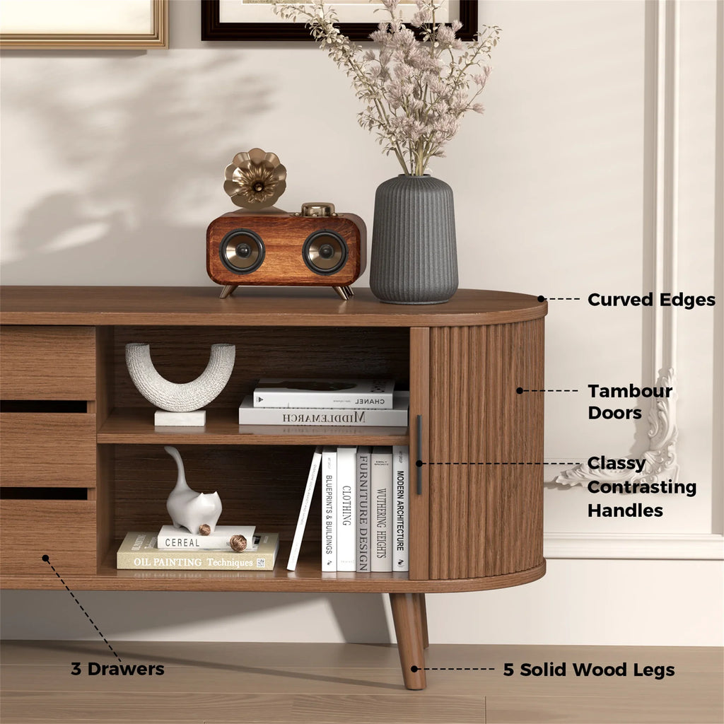 Planntonneo Mid-Century Modern Fluted TV Stand Wooden Media Console Entertainment Center for Living Room, Walnut Color