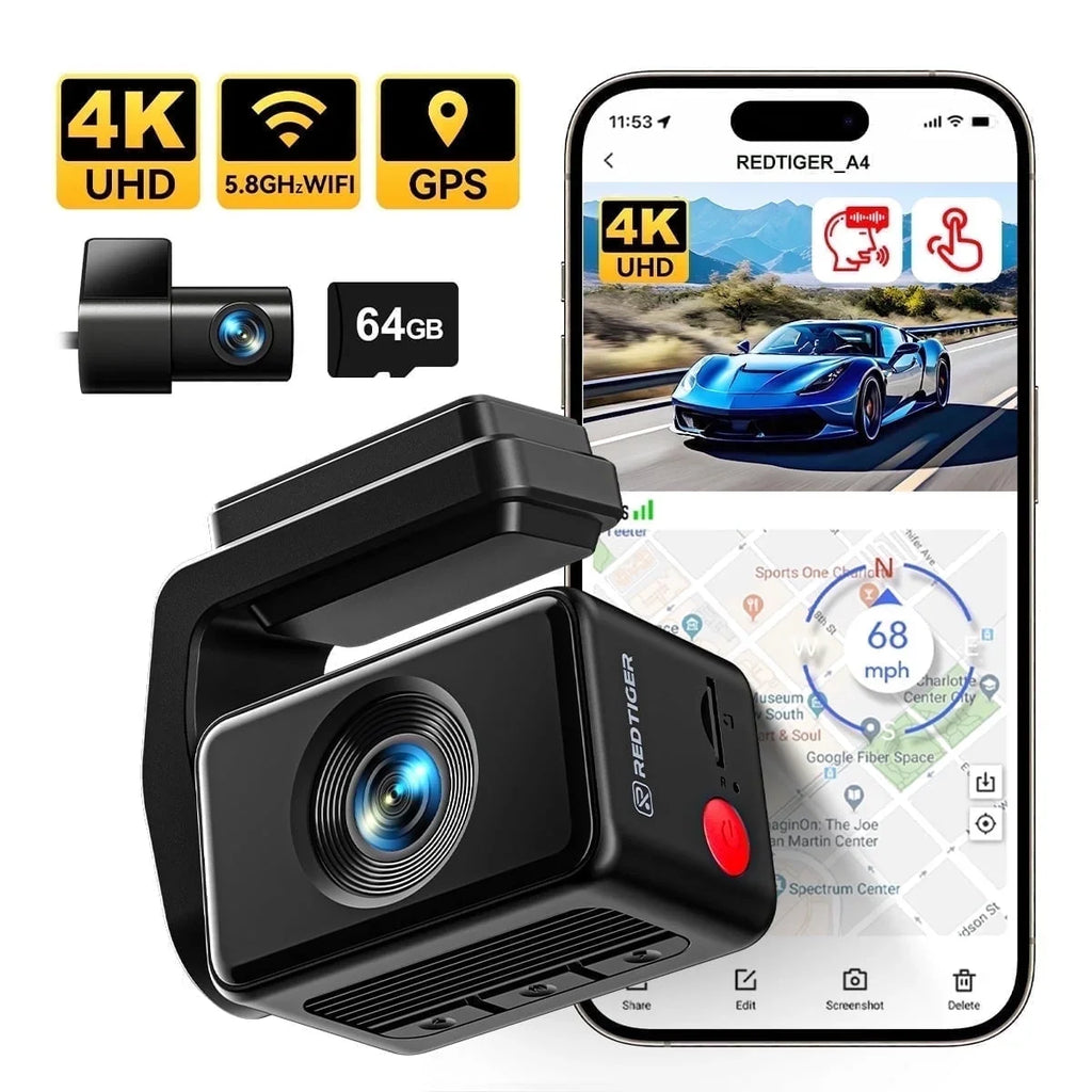 REDTIGER A4 Dash Cam Front and Rear, 4K Car Dash Camera with GPS& 5G Wifi, Touch Screen, 64GB Card, Voice Control Dashcam, Super Night Vision, Front and Rear Dash Cam with G-Sensor