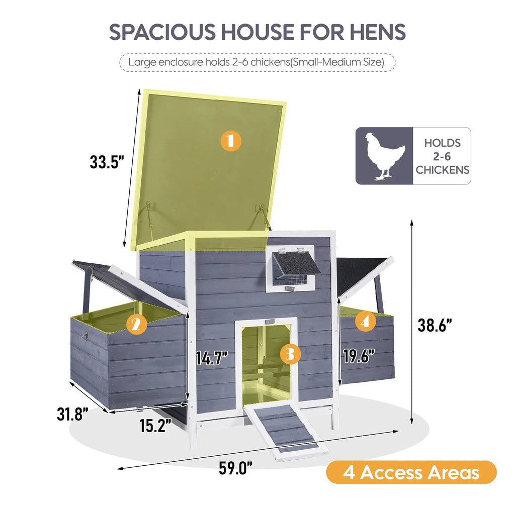 59" Large Chicken Coop for 2-6 Chickens, Wooden Hen House with 4 Nesting Boxes, Outdoor Poultry Cage Rabbit Cage w/Ramps & Ventilation Window, 59''L*33.5''W*38.6''H