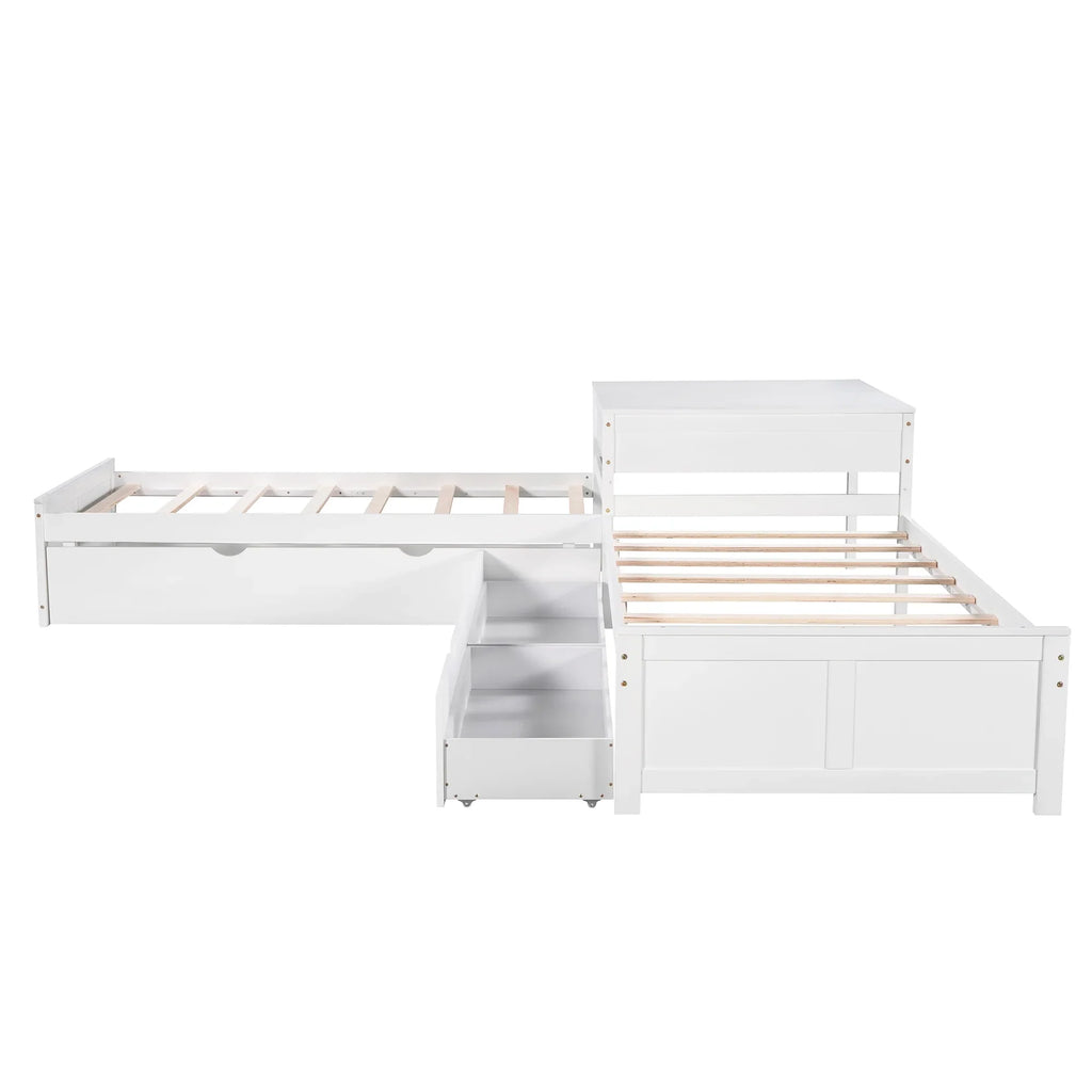 Euroco Wood Twin Size L-Shaped Platform Bed with Square Storage Table for Kids Teens, 2 Platform Beds with Trundle and Drawers for Living Room, 3 Twin Beds, Gray