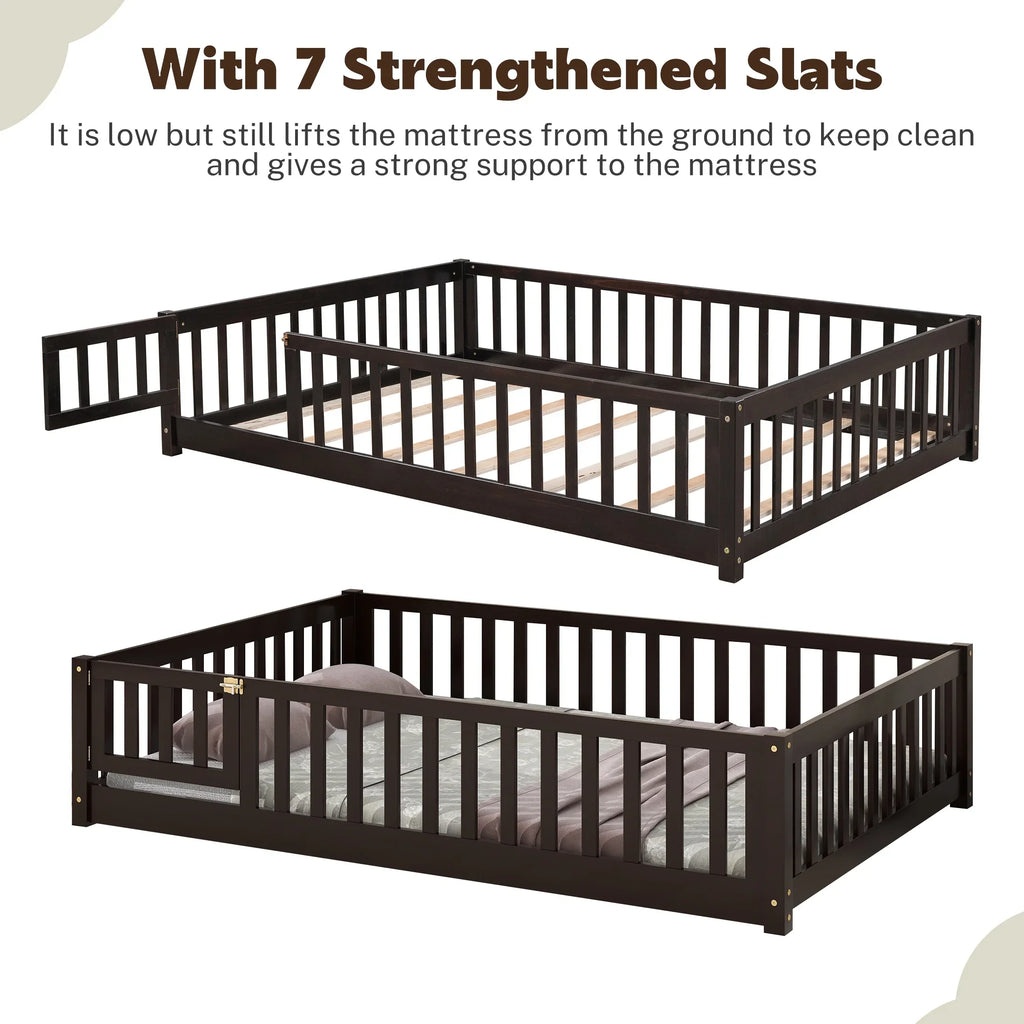 PAPROOS Twin Size Floor Bed, Solid Wood Toddler Bed with Slat, Fence Guardrail and Door, No Box Spring Needed, Montessori Bed, Twin Bed for Kids, Boys, Girls, Gray