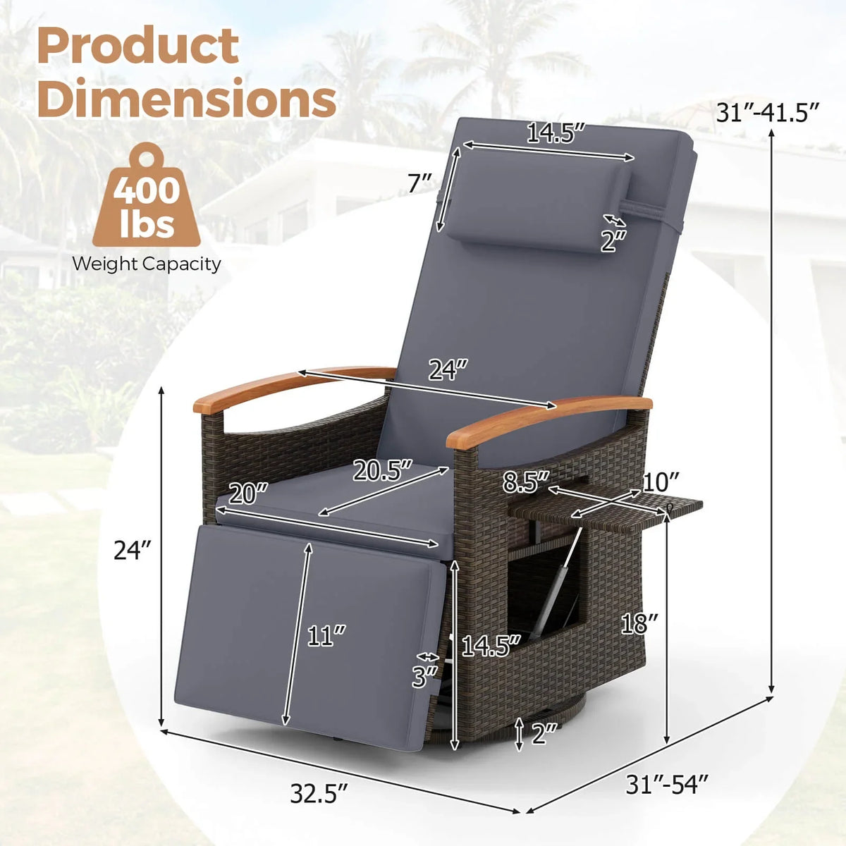 Costway Outdoor 360" Swivel Rattan Recliner Chair Patio Wicker Chaise Lounge Chair Beige