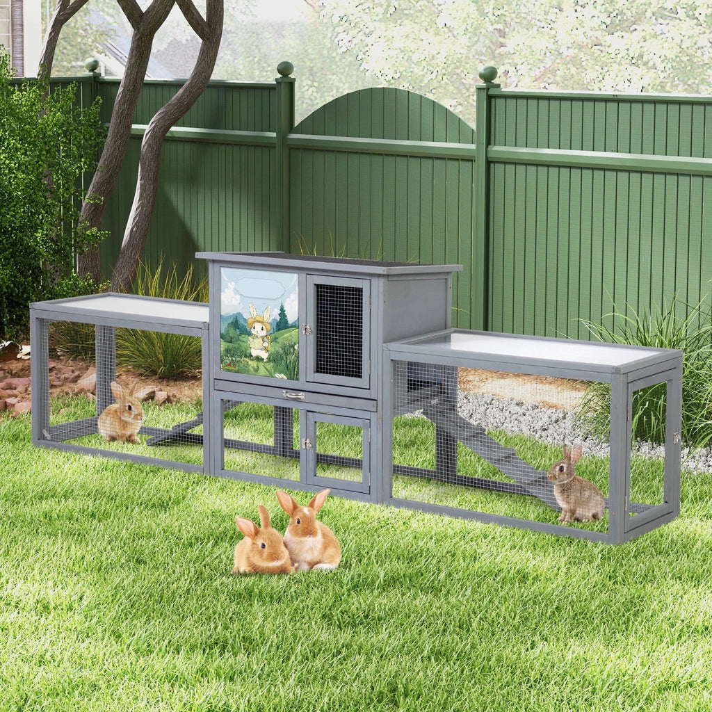 COZIWOW 94'' Wooden Large Rabbit Hutch with Pull Guinea Pig House Chincken Coop Gray