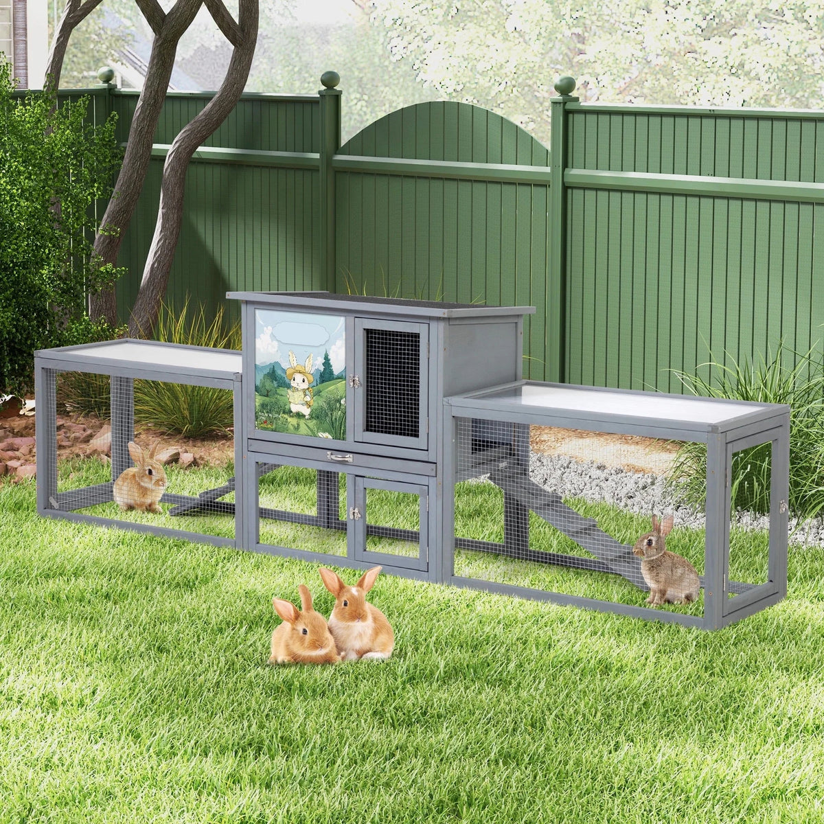 COZIWOW 94'' Wooden Large Rabbit Hutch with Pull Guinea Pig House Chincken Coop Gray