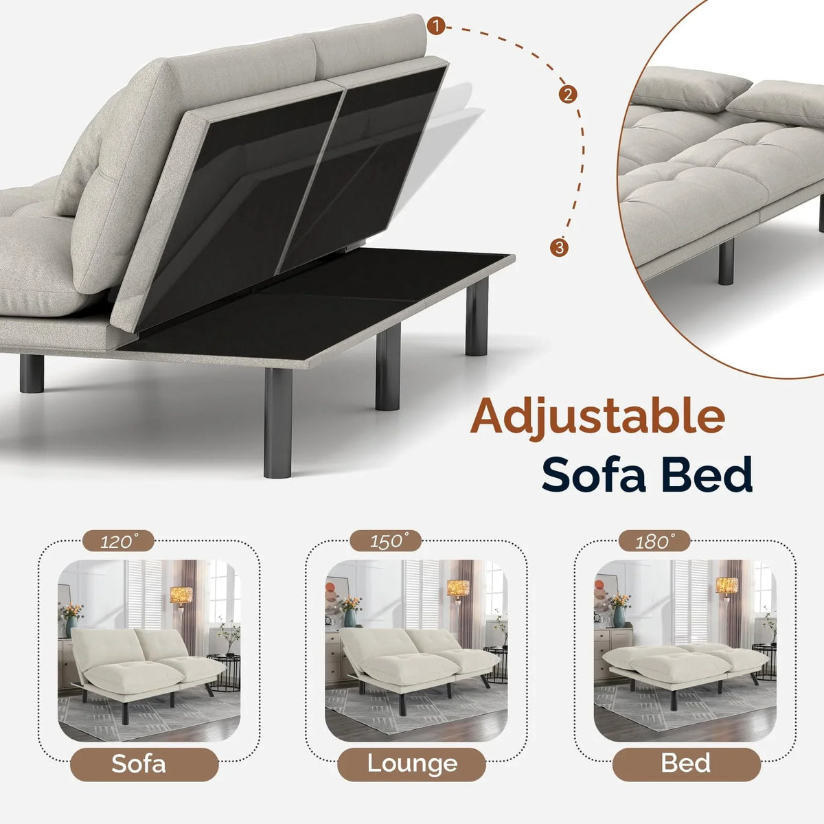 70"" Convertible Futon Sofa Bed Folding Bed Sleeper Couch for Living Room, Small Space or Office, Light Grey