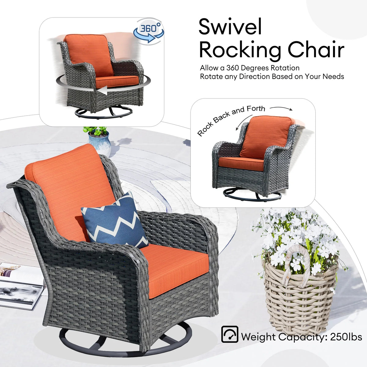 Ovios 8-Piece Wicker Outdoor Sectional Patio Set with Swivel Chairs and Loveseat, Gray