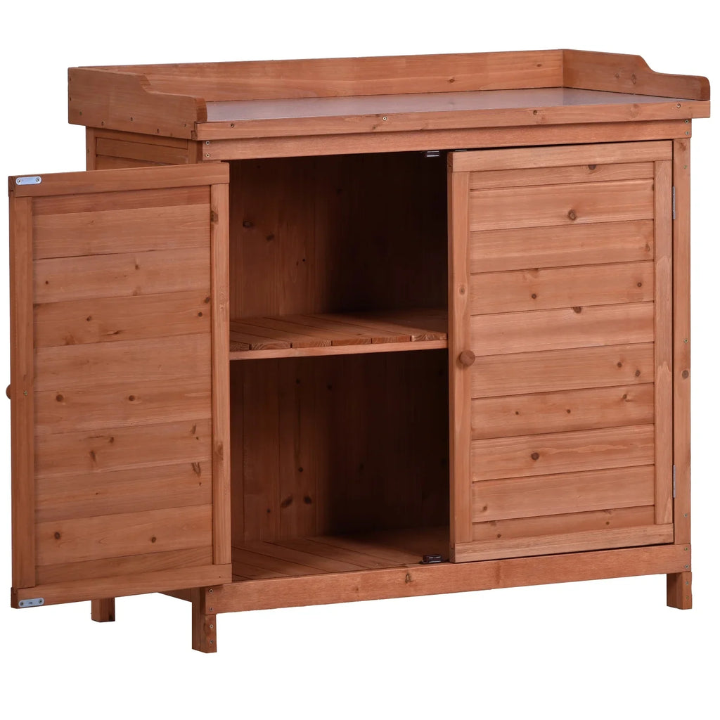 Outdoor 39" Potting Bench Table, Rustic Garden Wood Workstation with 2-Tier Shelves and Side Hooks, Orange