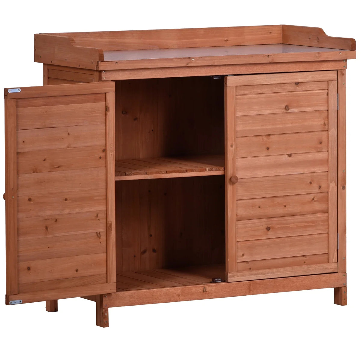 Outdoor 39" Potting Bench Table, Rustic Garden Wood Workstation with 2-Tier Shelves and Side Hooks, Orange