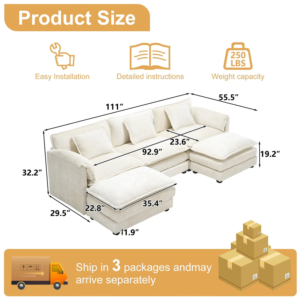 GNIXUU 112" Oversized Sectional Sofa Cloud Couch for Living Room, Modern Chenille L Shaped Couch, Comfy Boucle Modular Sofa Sleeper with Moveable Ottoman & Memory Foam (Green)