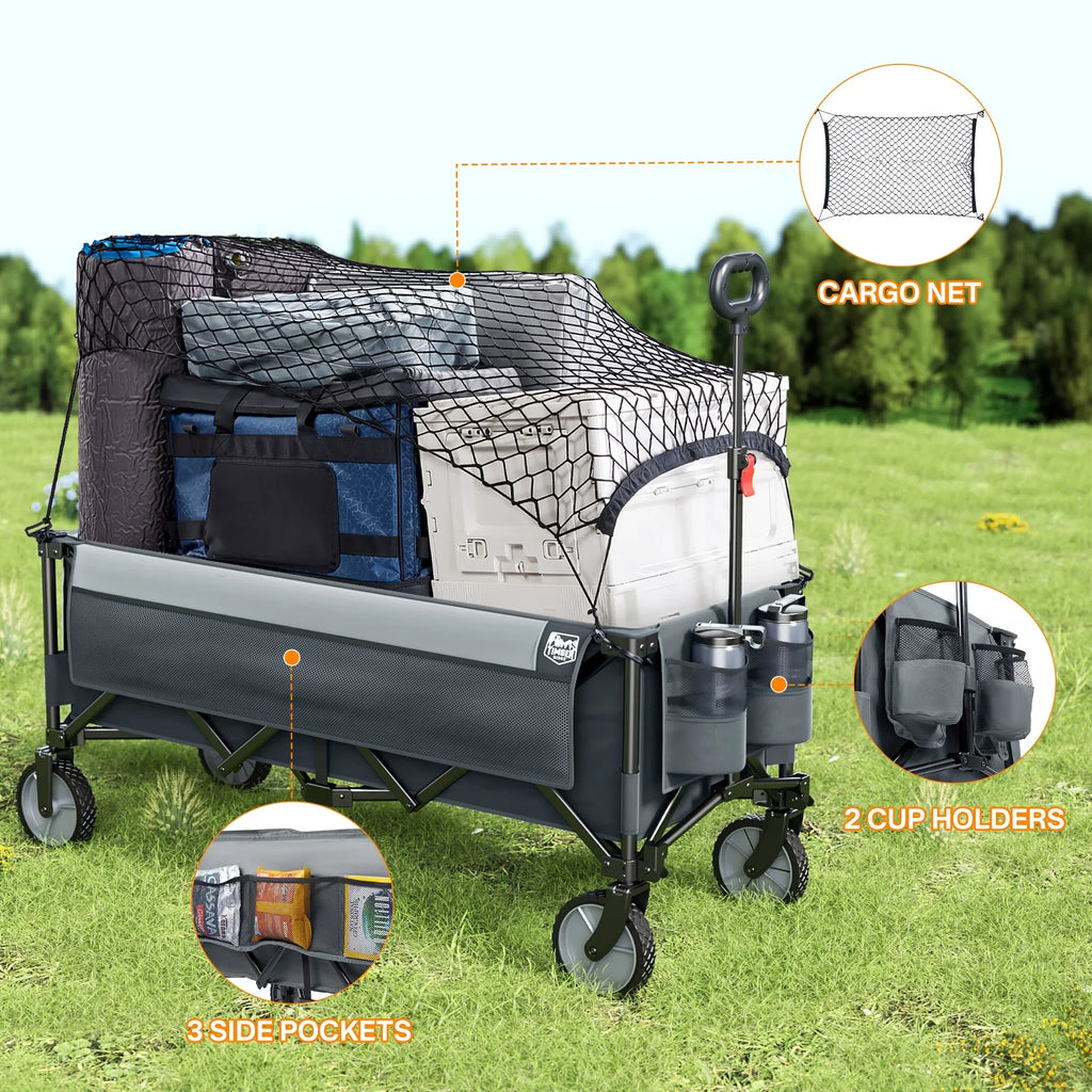 TIMBER RIDGE 400L Collapsible Wagon with Cargo Net, 51.2'' Extended Foldable Heavy Duty Cart for Sports, Shopping, Camping, Grey