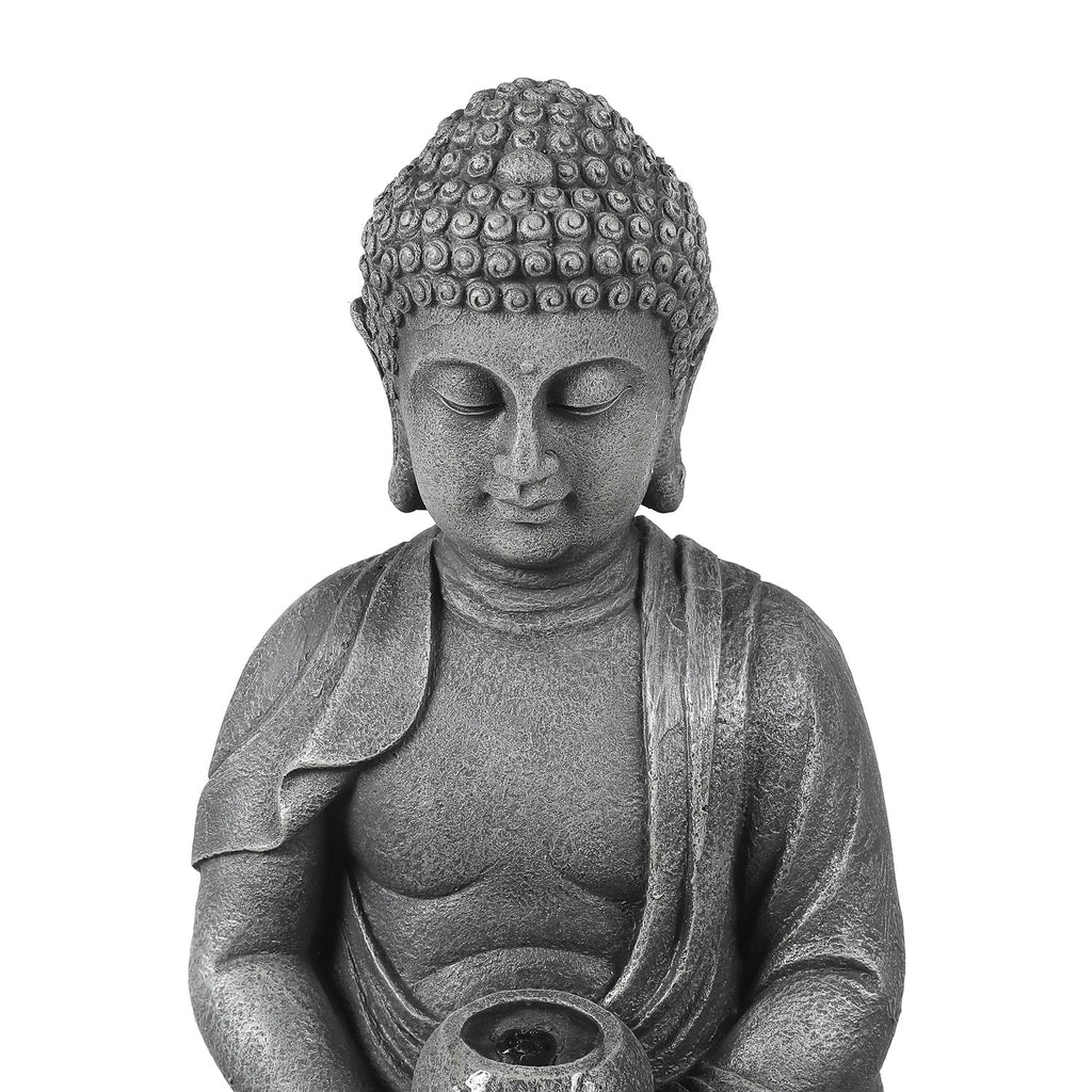 LuxenHome 35" Meditating Buddha Outdoor Water Fountain with LED Lights, Gray Resin Waterfall Fountains Garden Decor