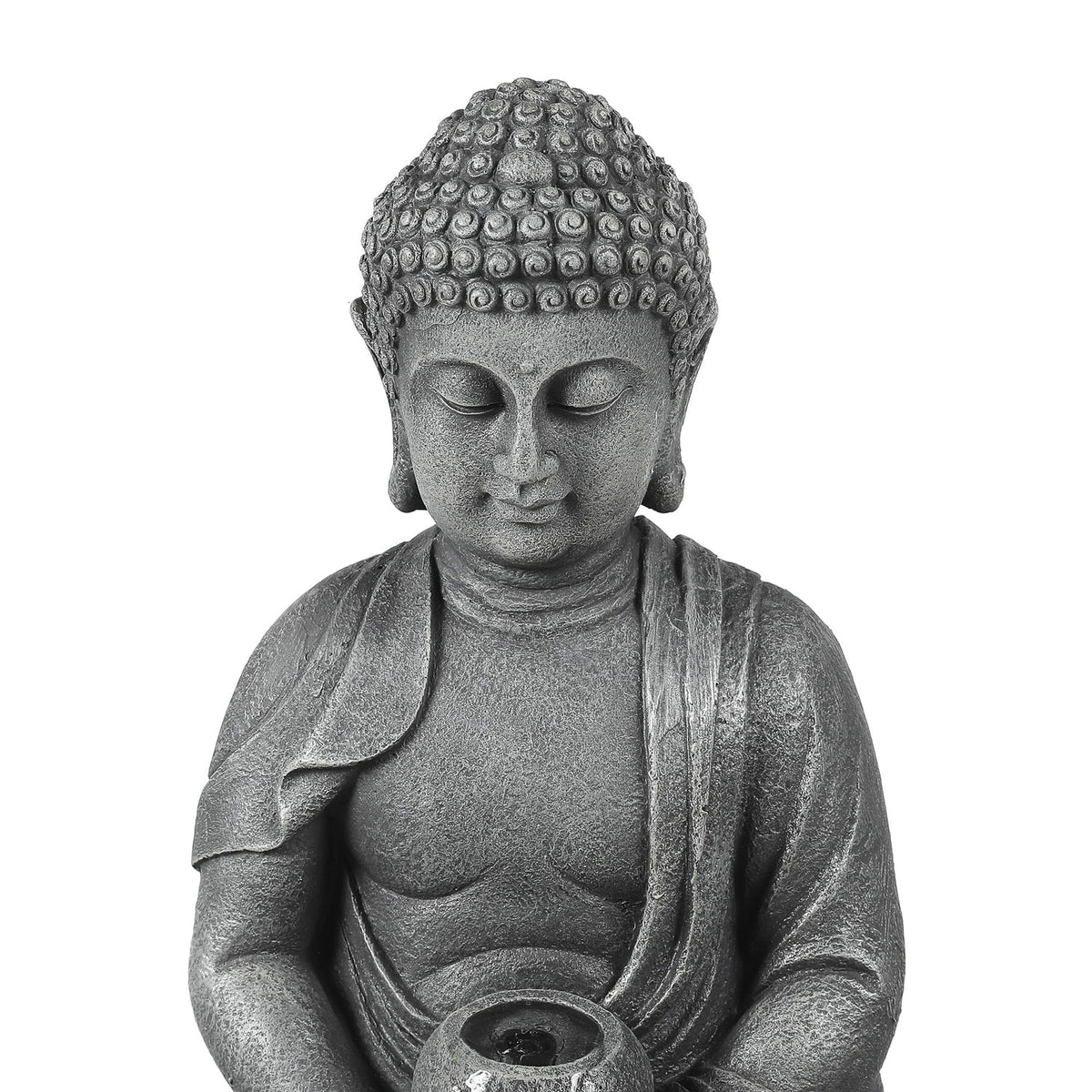 LuxenHome 35" Meditating Buddha Outdoor Water Fountain with LED Lights, Gray Resin Waterfall Fountains Garden Decor