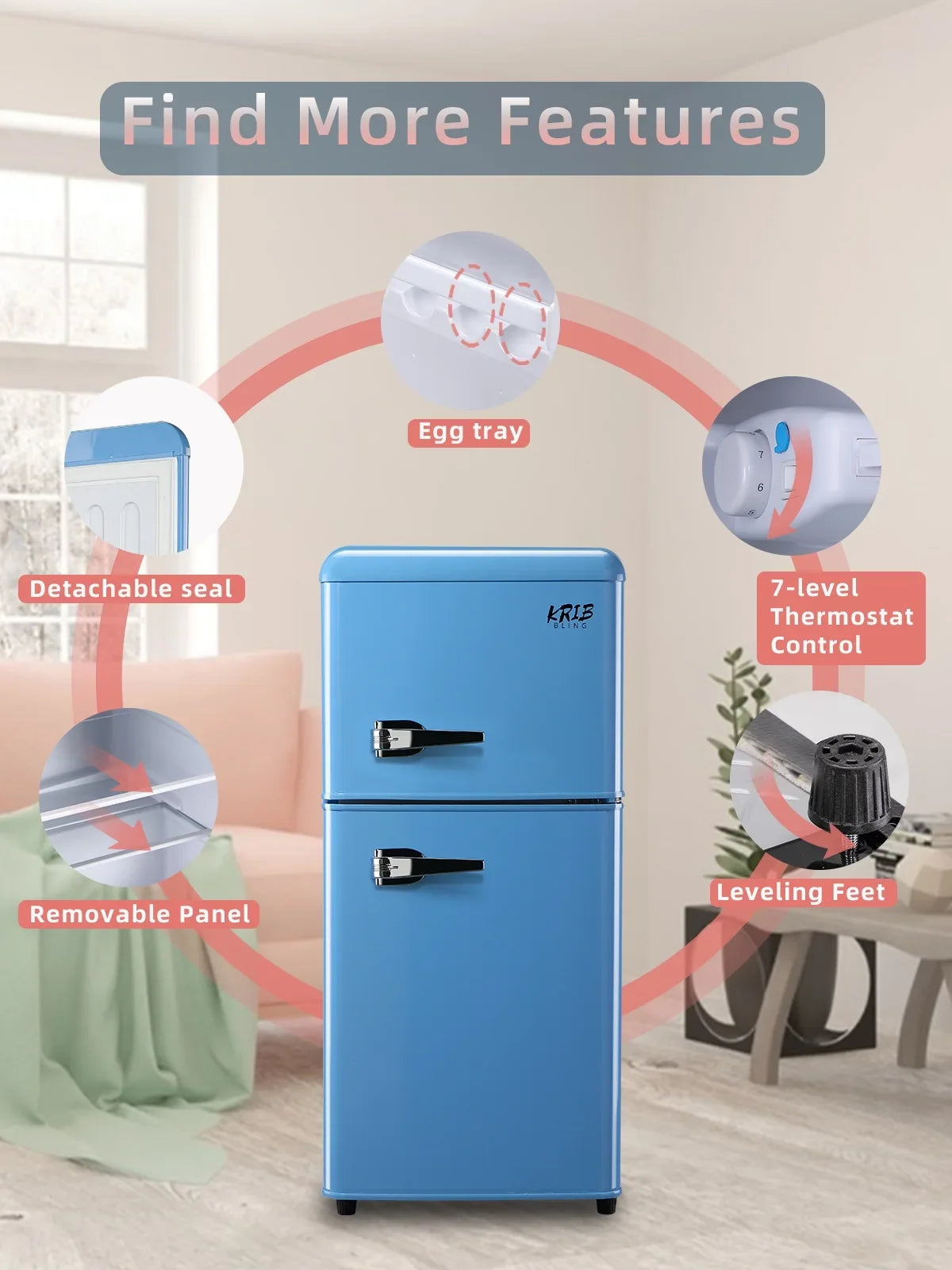 Krib B Compact Refrigerator 3.5 Cu.ft, Mini Fridge with Freezer, Modern Fridge with Dual Door, 7 Grade Temperature Adjustment, Silver