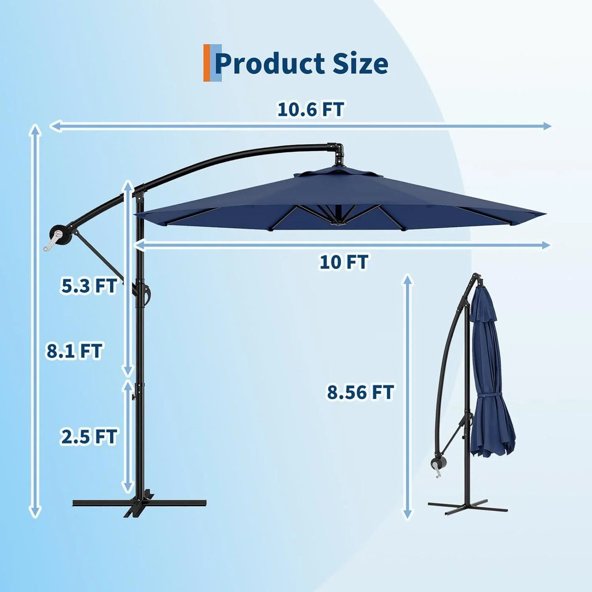 Emorefun Cantilever Umbrella, 10ft Heavy Duty Patio Umbrella with Easy Lift & Tilt Adjustment, Large Outdoor Umbrella for Deck Pool Garden Backyard, Navy Blue